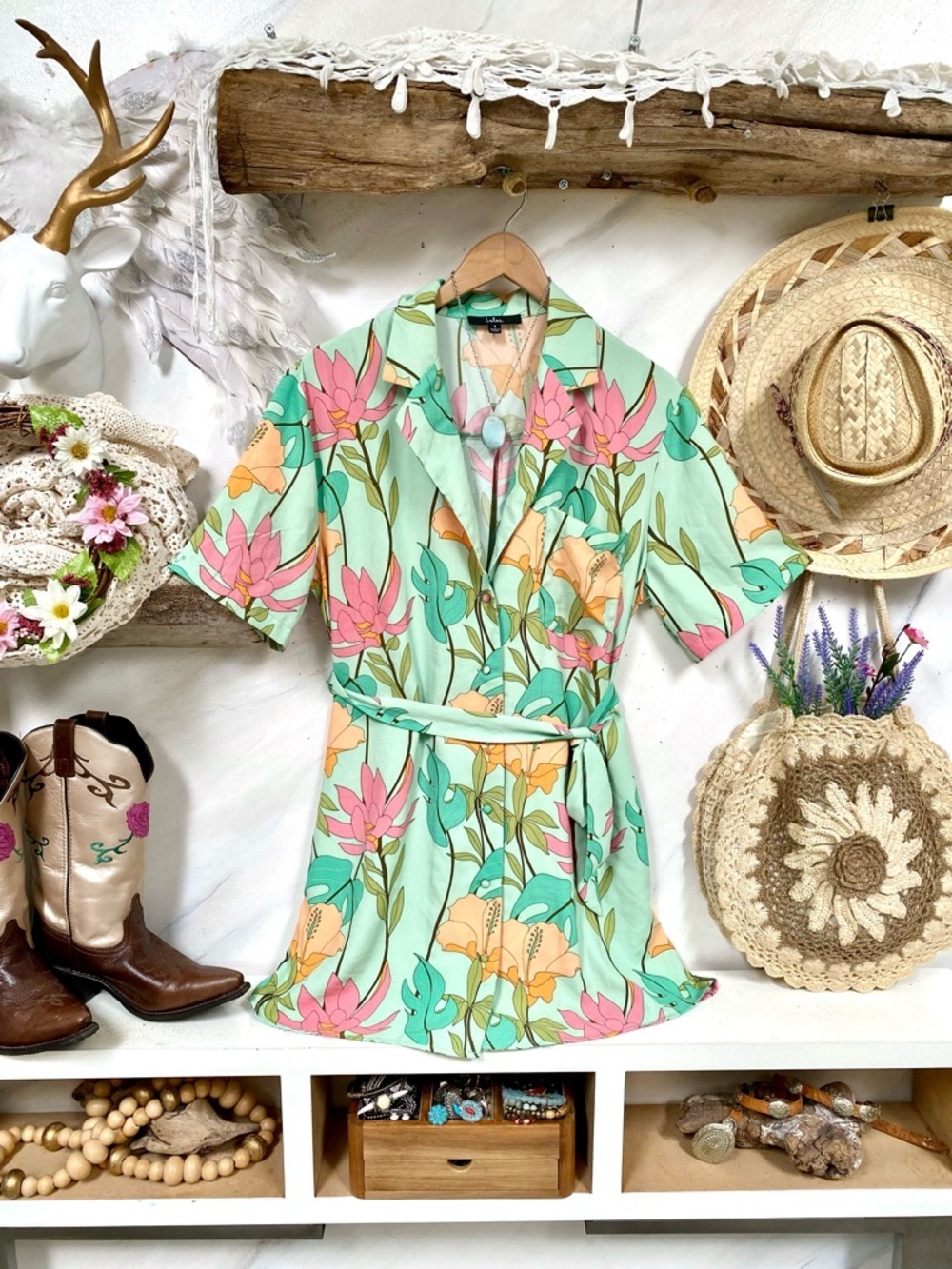 LULUS mint Tropical Floral Print Button-Up cover up Shirt Dress beach vibe